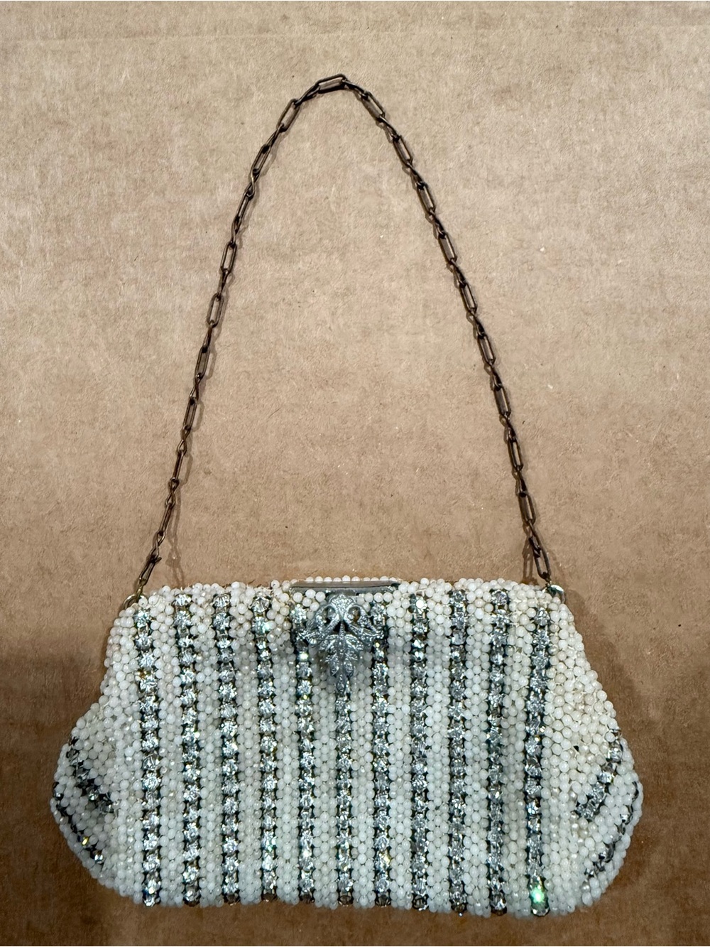 Beaded Pearl and Crystal Change Purse in White and Silver